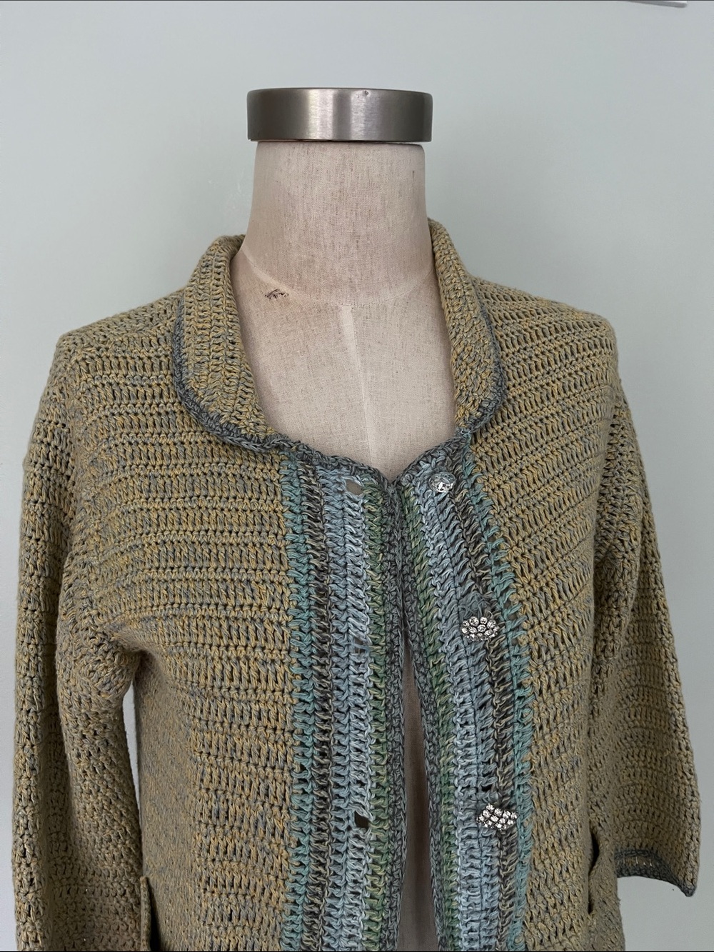 J.Jill Vintage Light Olive Crochet Open-Front Cardigan with Seafoam Trim - Picture 2 of 9